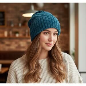 Kmart Chenille Slouchy Beanie Hat Teal Blue Soft Ribbed Knit Winter Warm Vintage
